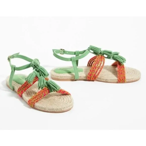 Anthropologie Fringed Rope Sandals Green Suede Boho Tassel Size 10M NWOB - Picture 1 of 14
